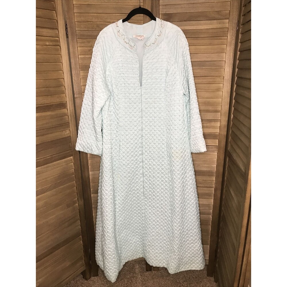 Vintage Barbizon Quilted Robe S Mint Green Embroidered Maxi Floor Long  Zip